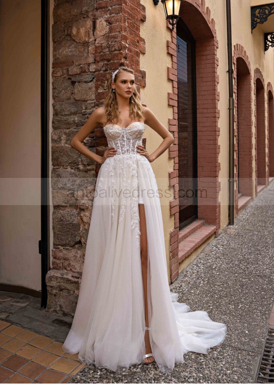 Strapless Beaded Ivory Lace Tulle Slit Sexy Wedding Dress